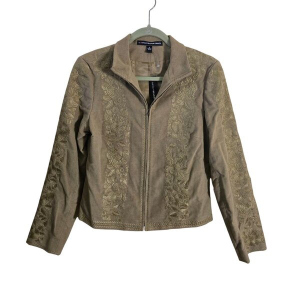 Company Ellen Tracy NWT Faux Suede Embroidered Olive Full Zip Jacket Size 8 - Picture 2 of 8